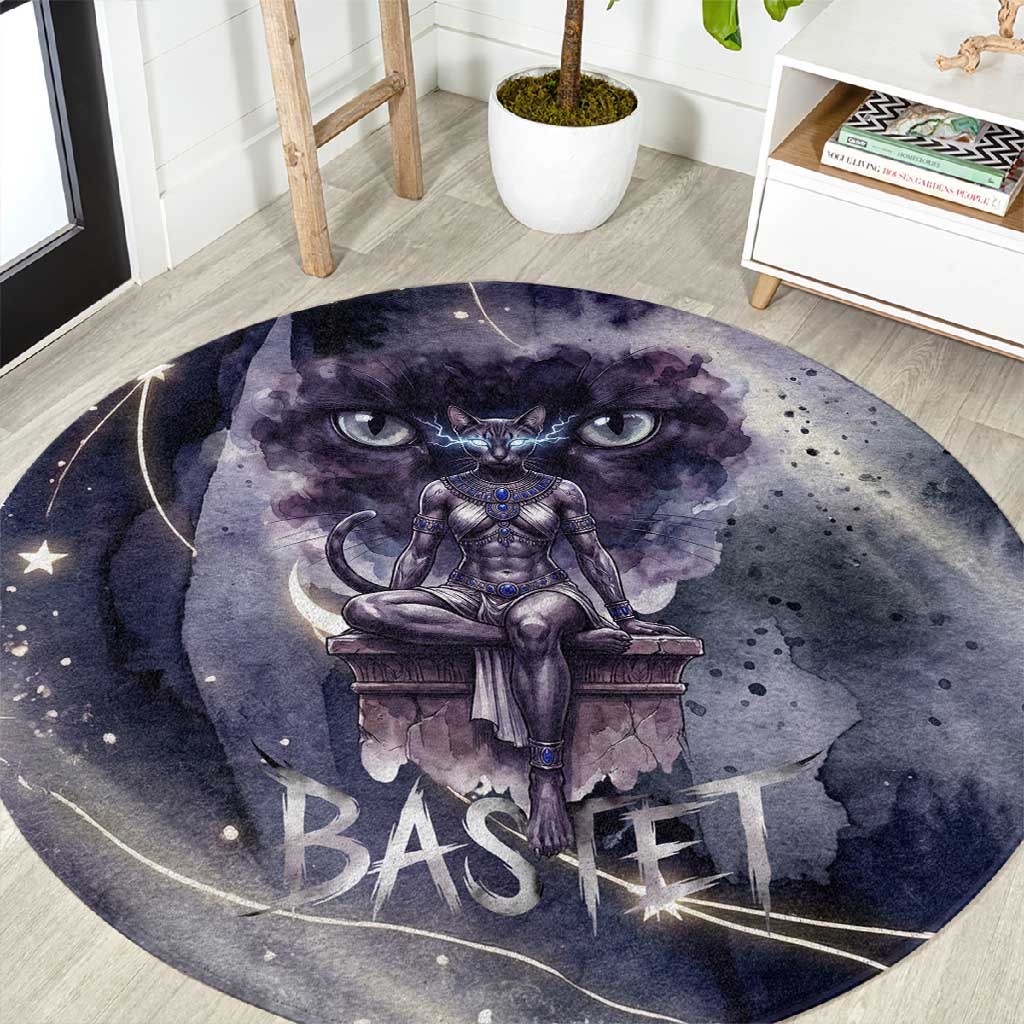 Bastet Egyptian Round Carpet Cat Goddess Cosmic Protector Moon Magic Night Sky
