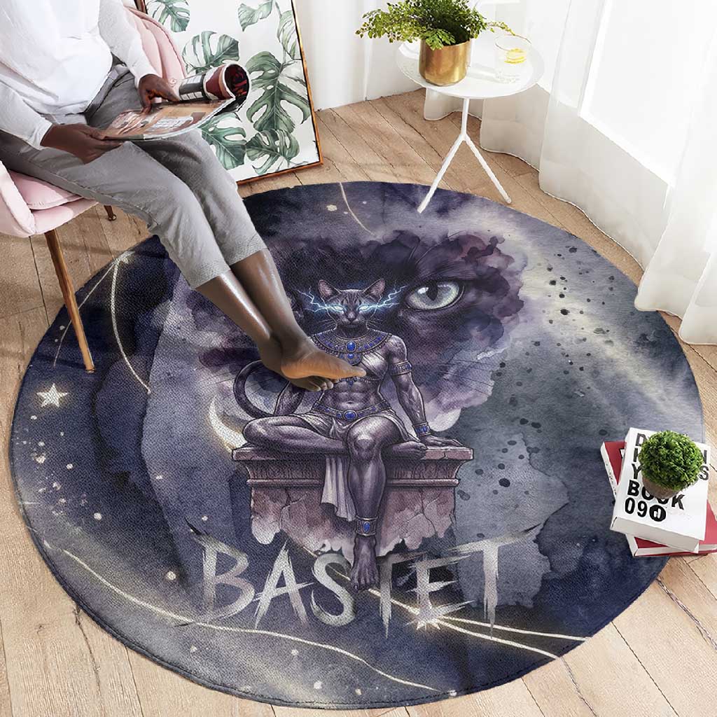 Bastet Egyptian Round Carpet Cat Goddess Cosmic Protector Moon Magic Night Sky
