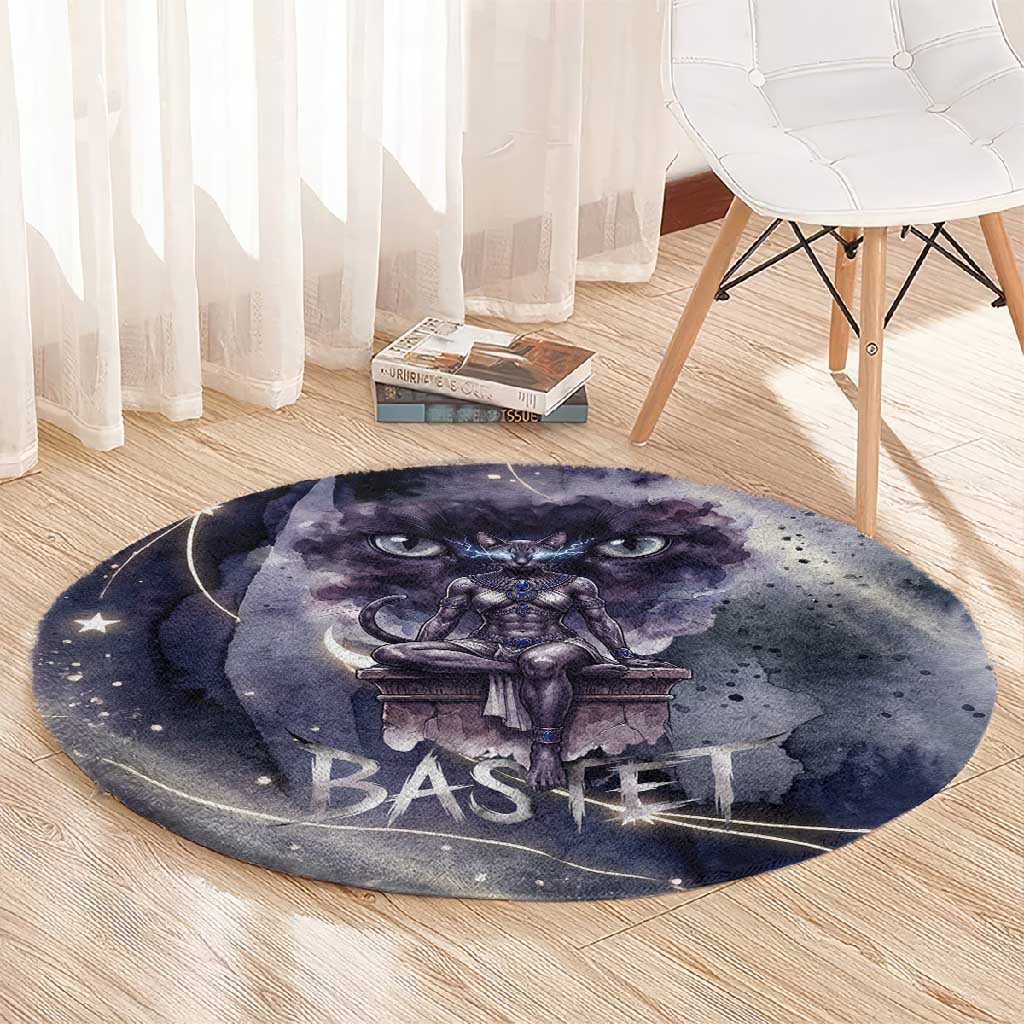 Bastet Egyptian Round Carpet Cat Goddess Cosmic Protector Moon Magic Night Sky