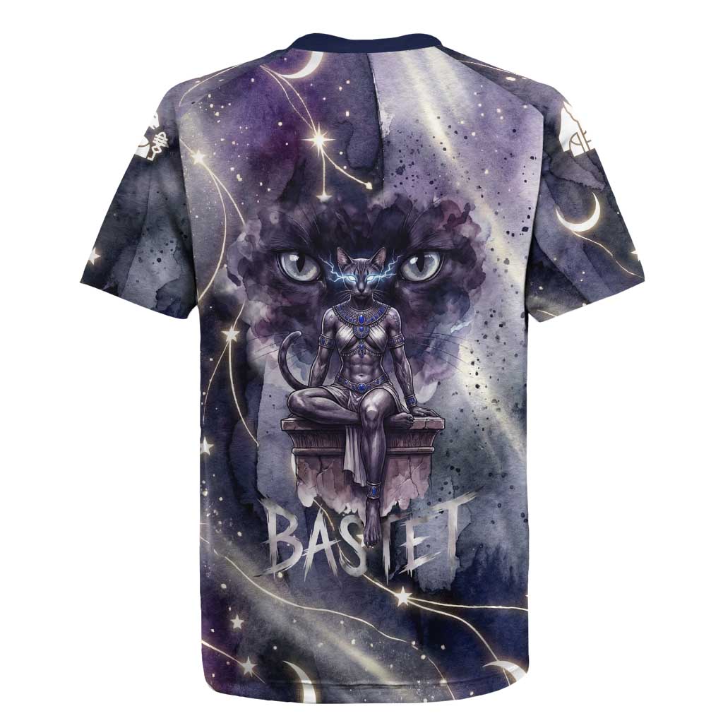 Bastet Egyptian Rugby Jersey Cat Goddess Cosmic Protector Moon Magic Night Sky