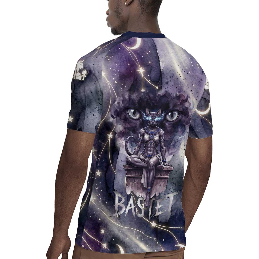 Bastet Egyptian Rugby Jersey Cat Goddess Cosmic Protector Moon Magic Night Sky