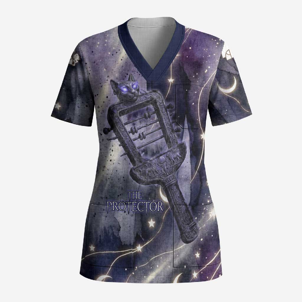Bastet Egyptian Scrub Top Cat Goddess Cosmic Protector Moon Magic Night Sky