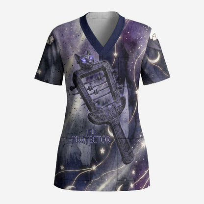 Bastet Egyptian Scrub Top Cat Goddess Cosmic Protector Moon Magic Night Sky