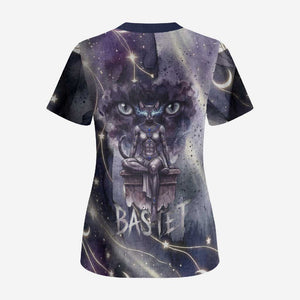 Bastet Egyptian Scrub Top Cat Goddess Cosmic Protector Moon Magic Night Sky