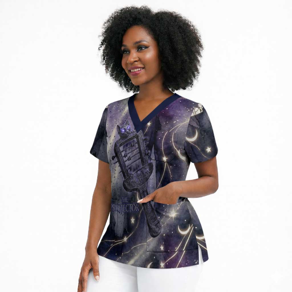 Bastet Egyptian Scrub Top Cat Goddess Cosmic Protector Moon Magic Night Sky