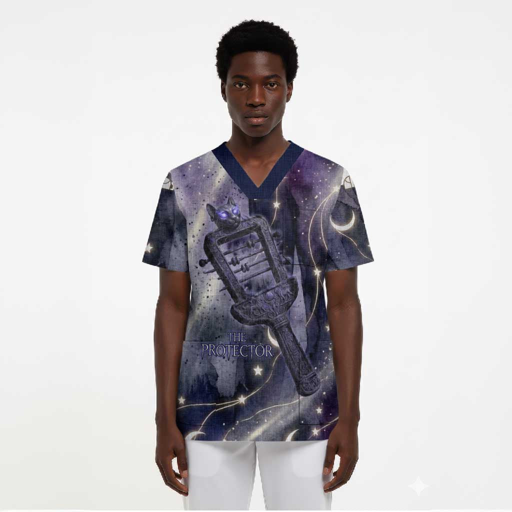 Bastet Egyptian Scrub Top Cat Goddess Cosmic Protector Moon Magic Night Sky