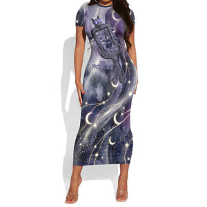 Bastet Egyptian Short Sleeve Bodycon Dress Cat Goddess Cosmic Protector Moon Magic Night Sky