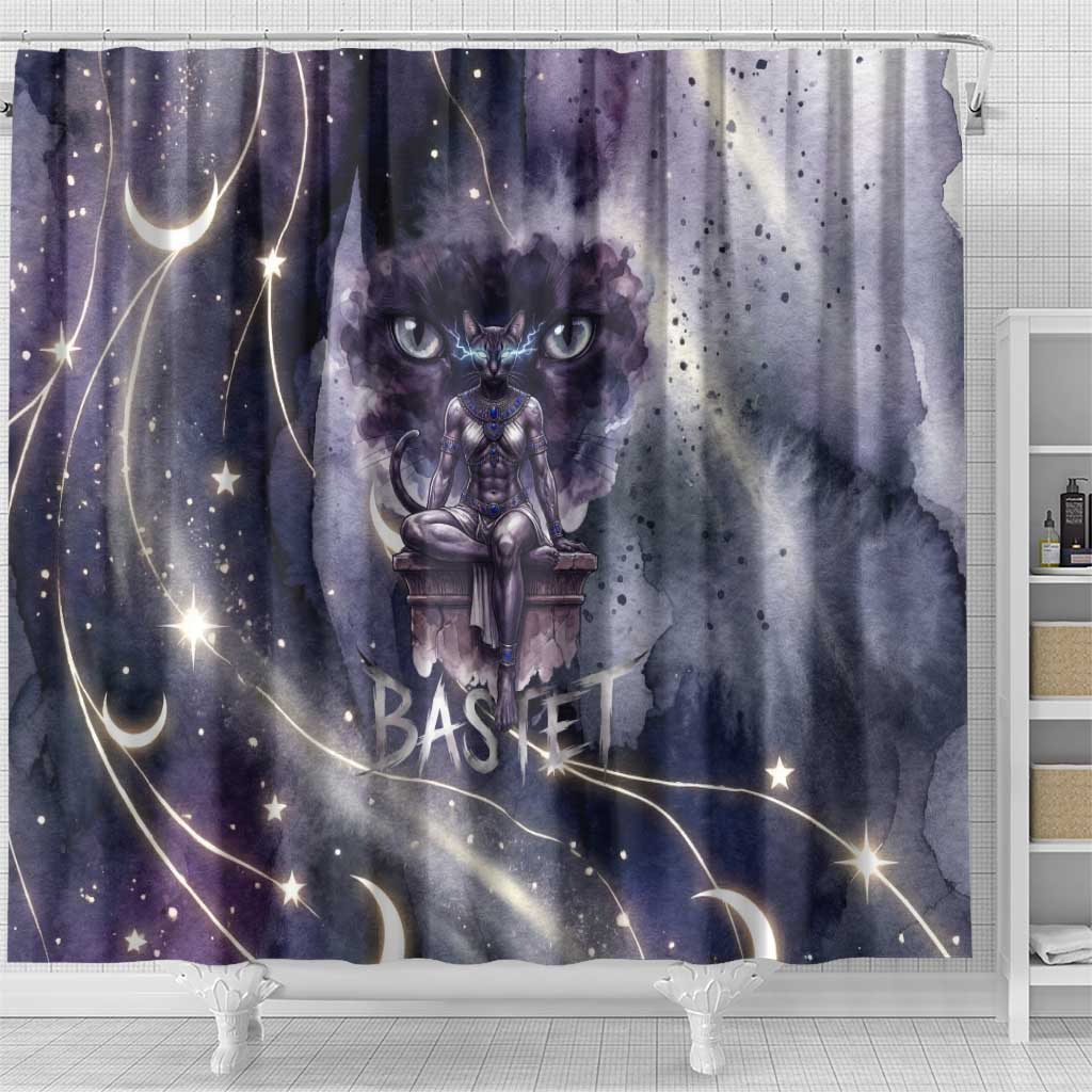 Bastet Egyptian Shower Curtain Cat Goddess Cosmic Protector Moon Magic Night Sky
