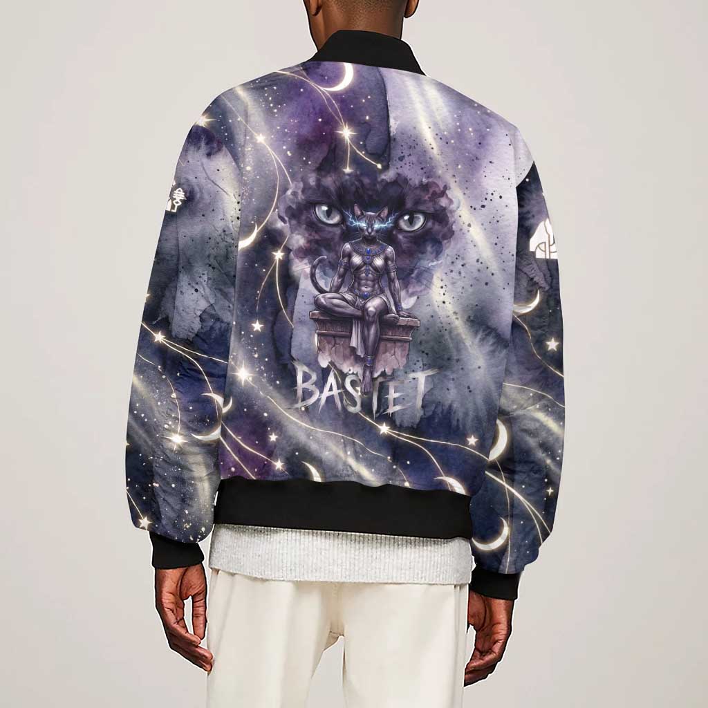 Bastet Egyptian Sleeve Zip Bomber Jacket Cat Goddess Cosmic Protector Moon Magic Night Sky
