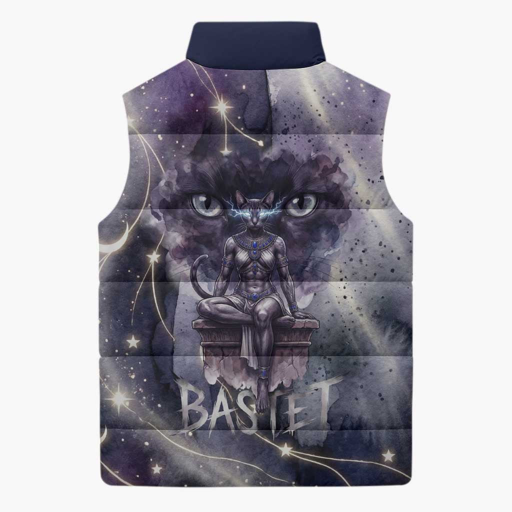 Bastet Egyptian Sleeveless Puffer Jacket Cat Goddess Cosmic Protector Moon Magic Night Sky