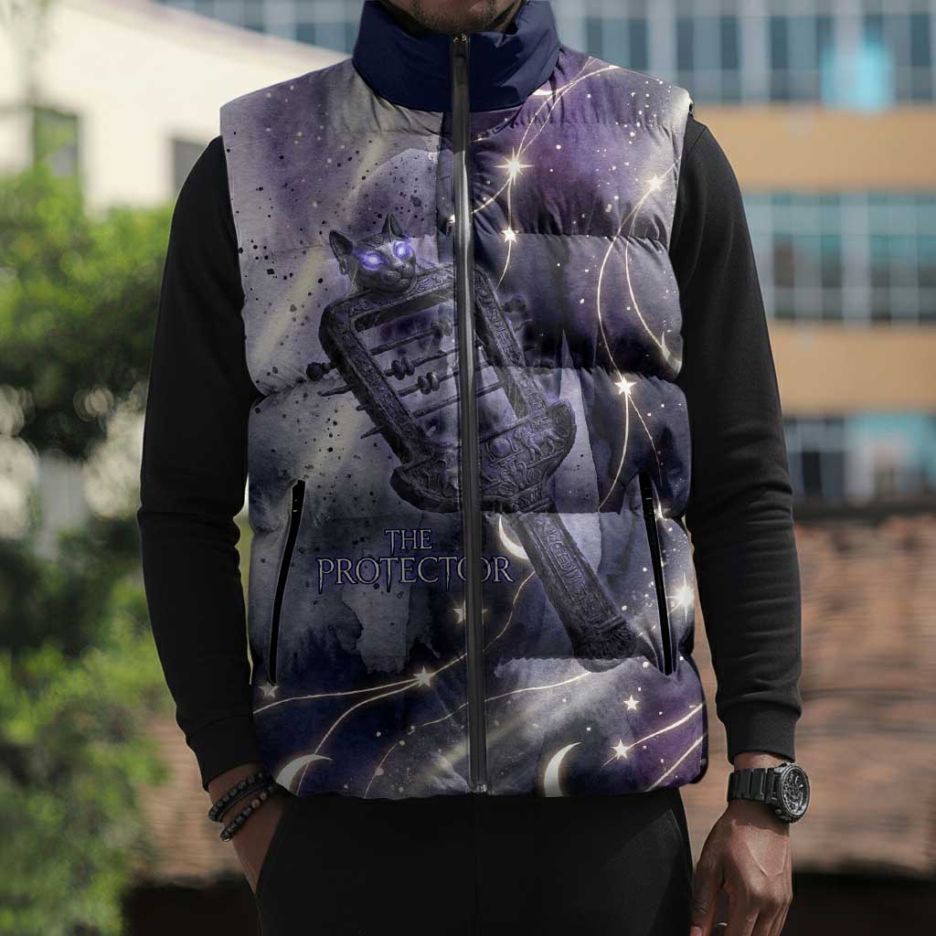 Bastet Egyptian Sleeveless Puffer Jacket Cat Goddess Cosmic Protector Moon Magic Night Sky