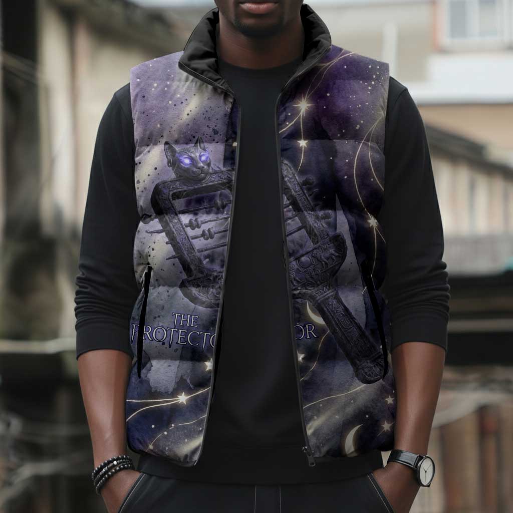 Bastet Egyptian Sleeveless Puffer Jacket Cat Goddess Cosmic Protector Moon Magic Night Sky