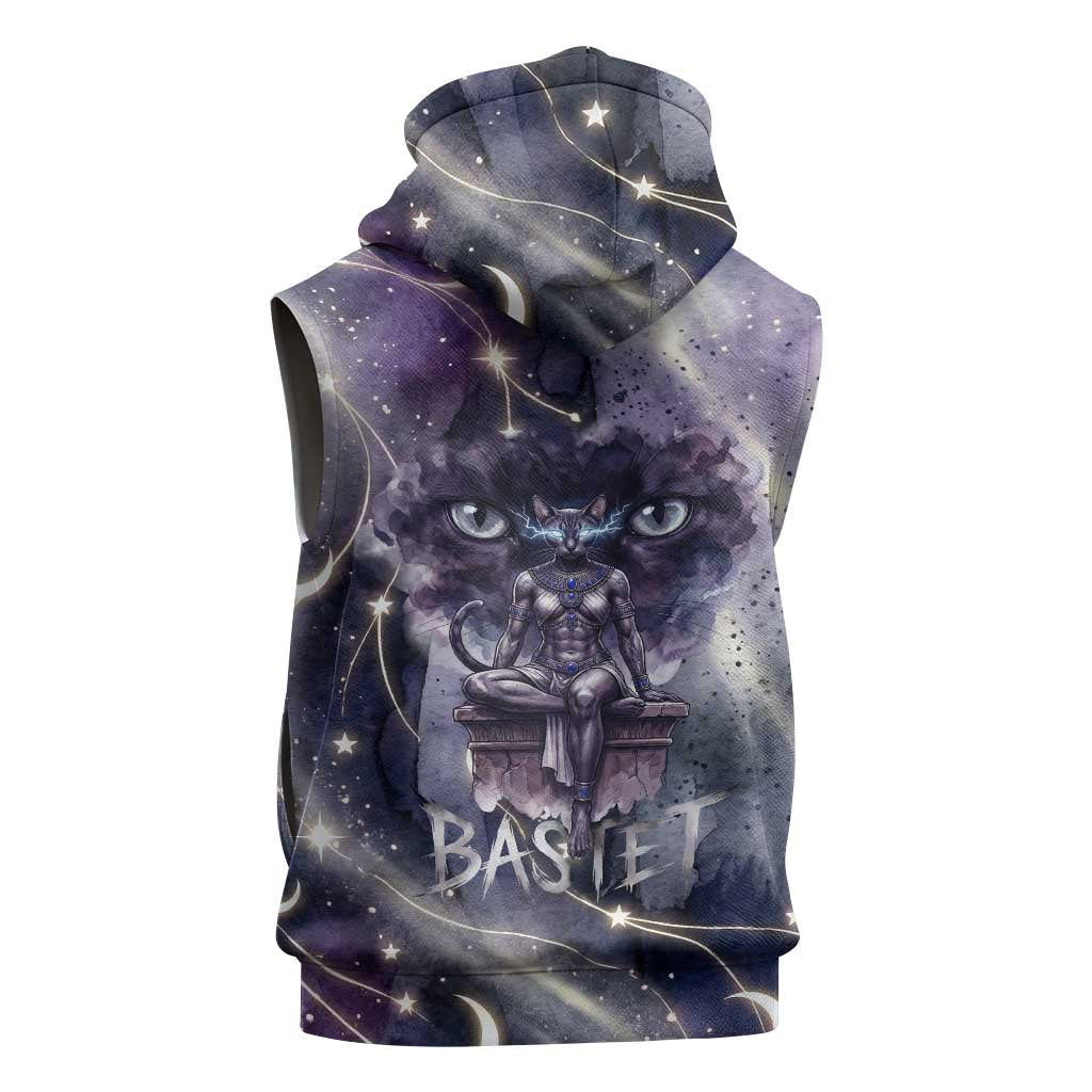 Bastet Egyptian Sleeveless Zip Hoodie Cat Goddess Cosmic Protector Moon Magic Night Sky
