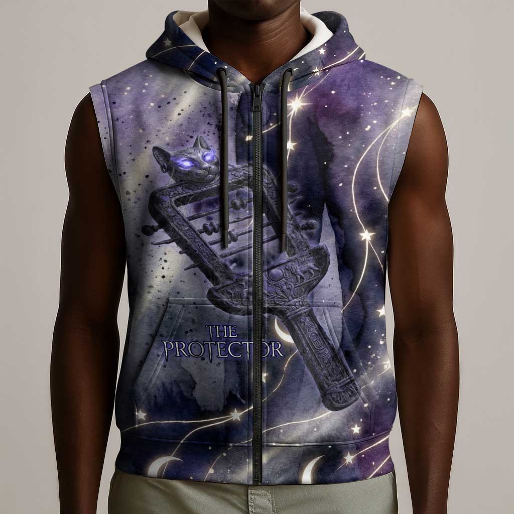 Bastet Egyptian Sleeveless Zip Hoodie Cat Goddess Cosmic Protector Moon Magic Night Sky