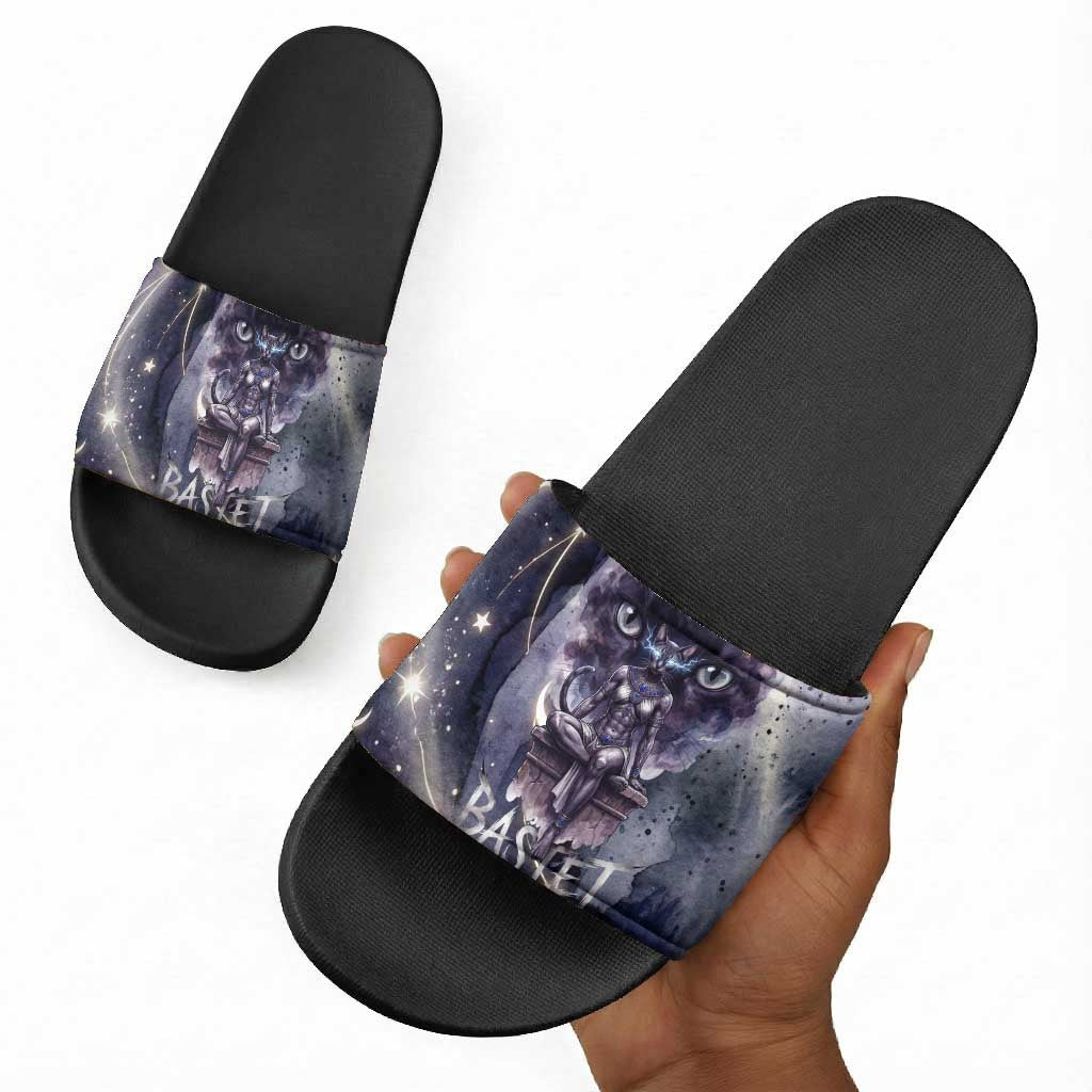 Bastet Egyptian Slide Sandals Cat Goddess Cosmic Protector Moon Magic Night Sky