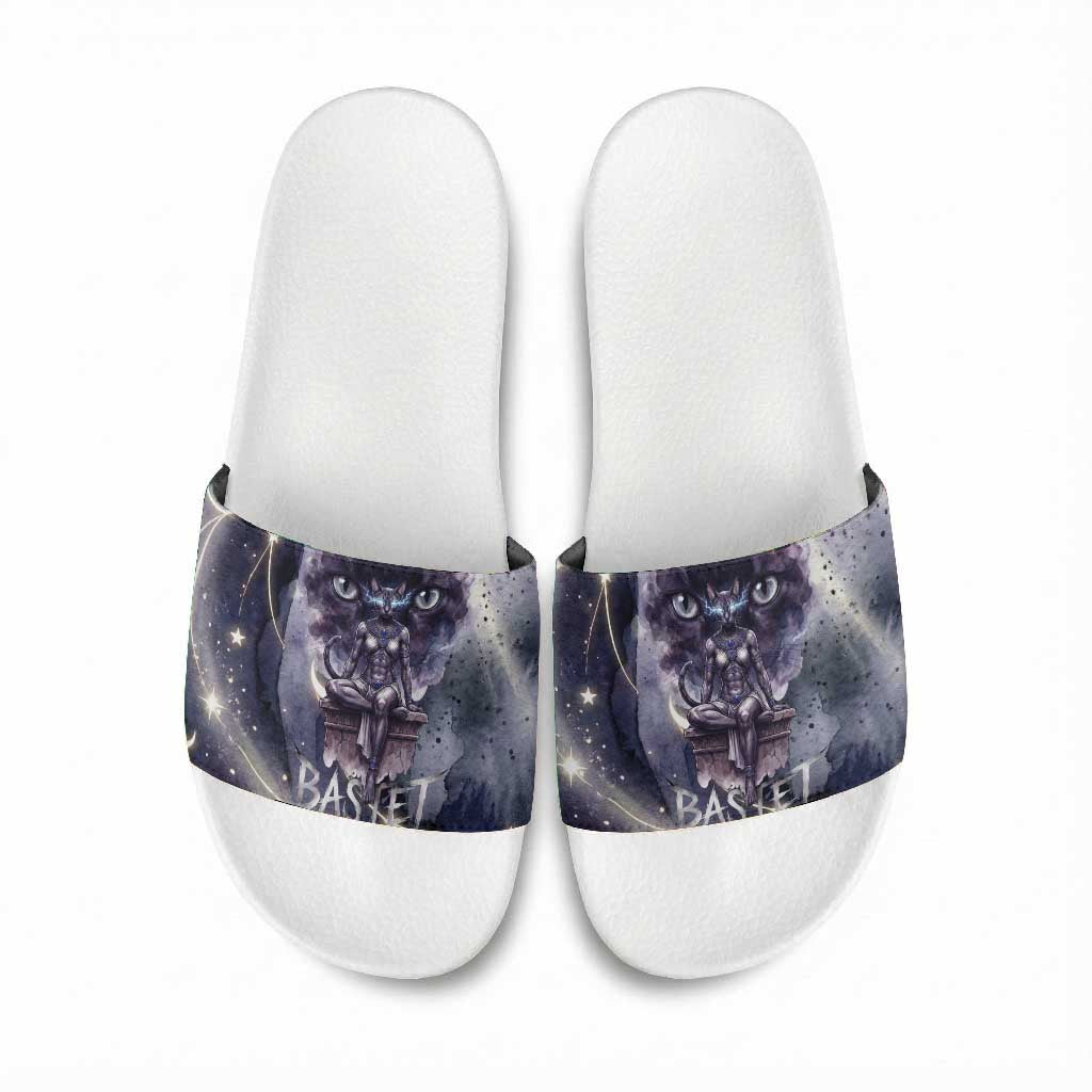 Bastet Egyptian Slide Sandals Cat Goddess Cosmic Protector Moon Magic Night Sky