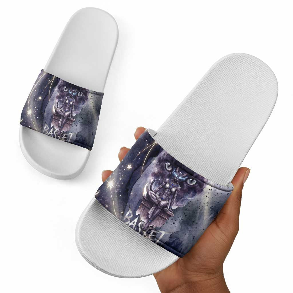 Bastet Egyptian Slide Sandals Cat Goddess Cosmic Protector Moon Magic Night Sky