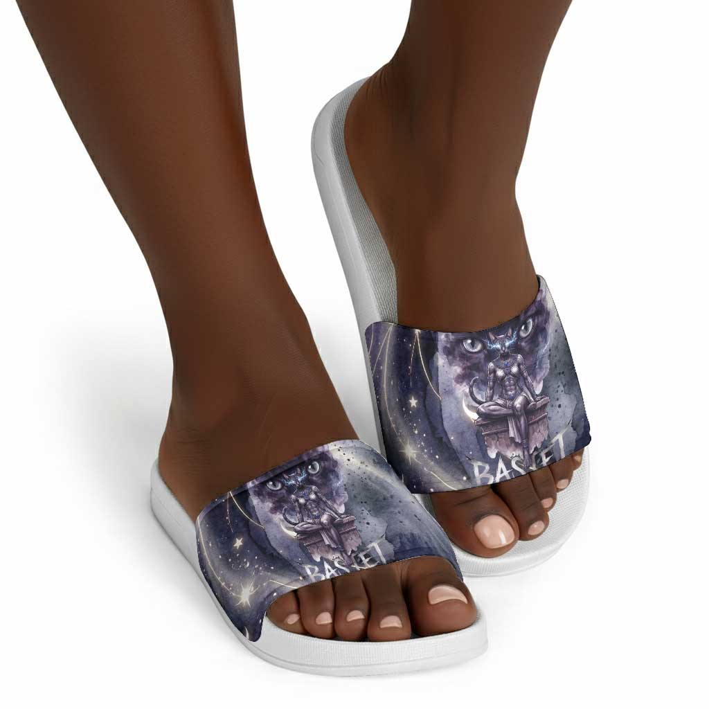 Bastet Egyptian Slide Sandals Cat Goddess Cosmic Protector Moon Magic Night Sky