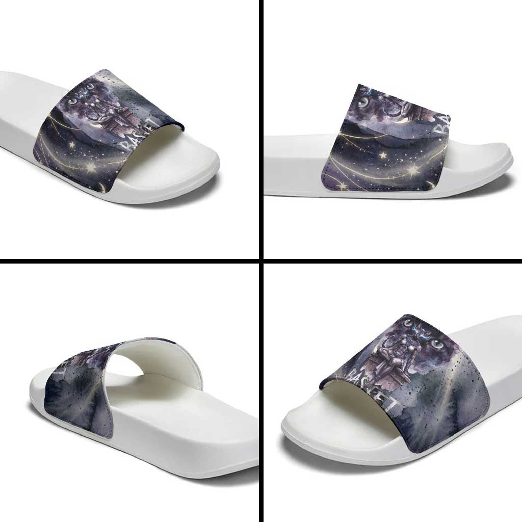 Bastet Egyptian Slide Sandals Cat Goddess Cosmic Protector Moon Magic Night Sky