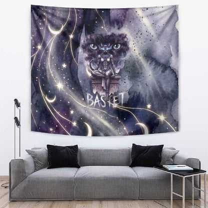 Bastet Egyptian Tapestry Cat Goddess Cosmic Protector Moon Magic Night Sky