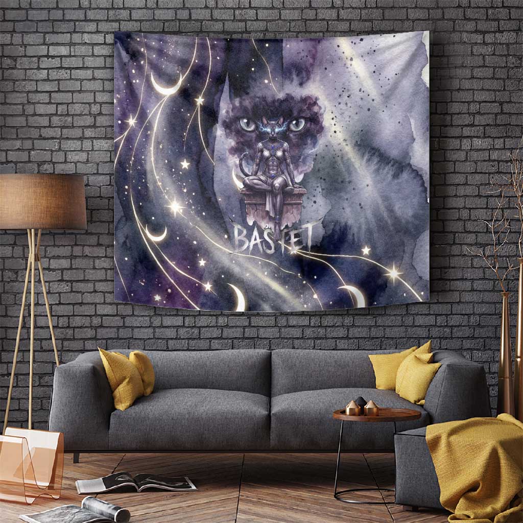 Bastet Egyptian Tapestry Cat Goddess Cosmic Protector Moon Magic Night Sky