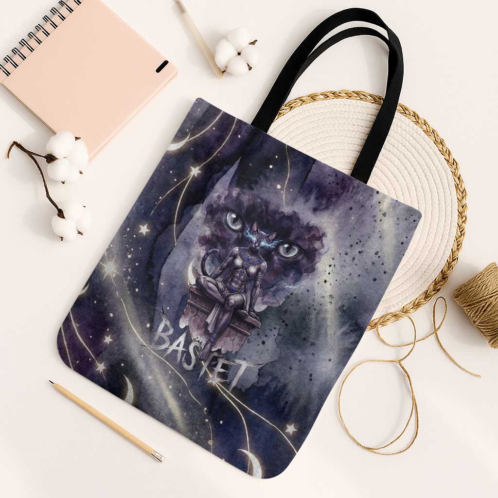 Bastet Egyptian Tote Bag Cat Goddess Cosmic Protector Moon Magic Night Sky