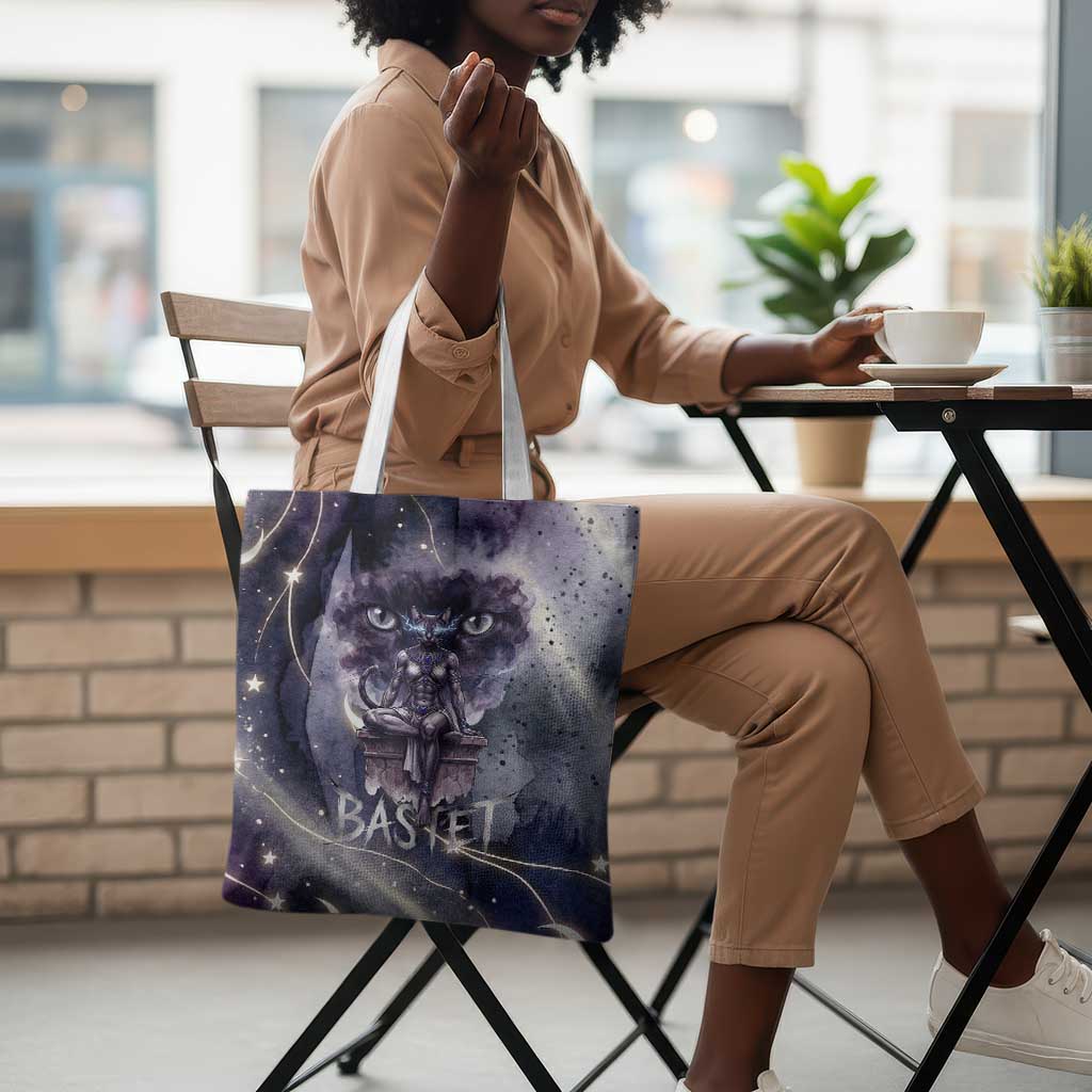 Bastet Egyptian Tote Bag Cat Goddess Cosmic Protector Moon Magic Night Sky