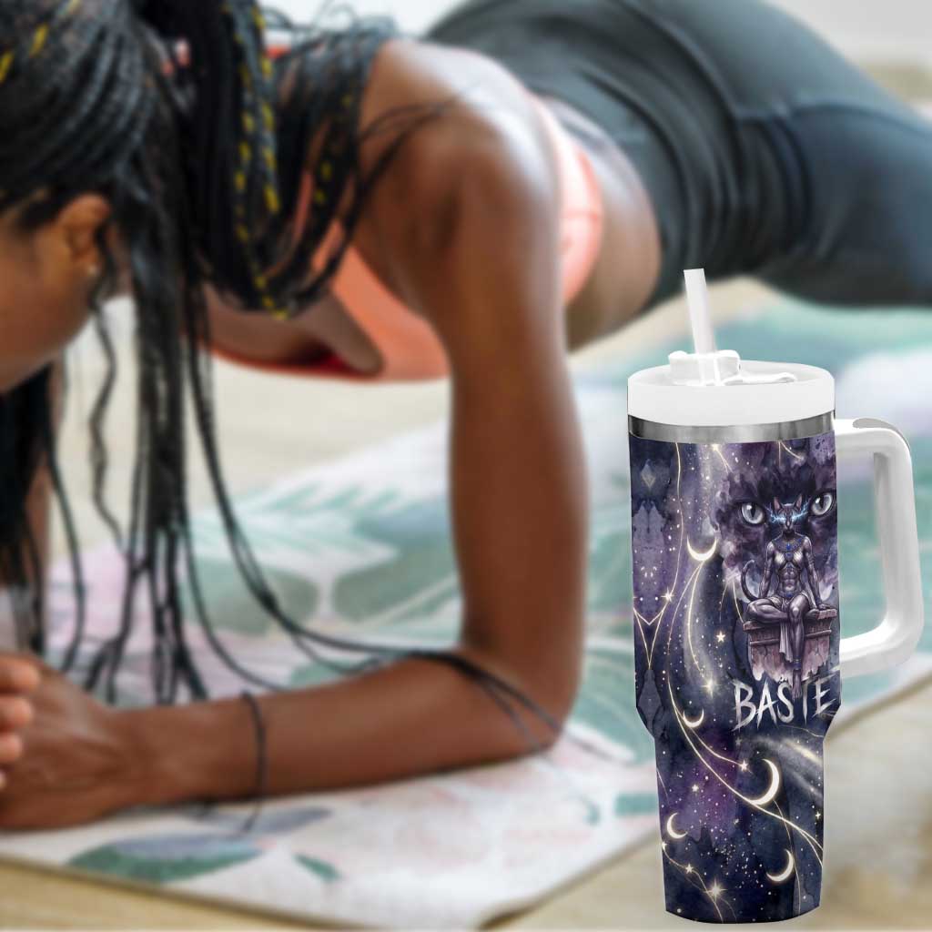 Bastet Egyptian Tumbler With Handle Cat Goddess Cosmic Protector Moon Magic Night Sky