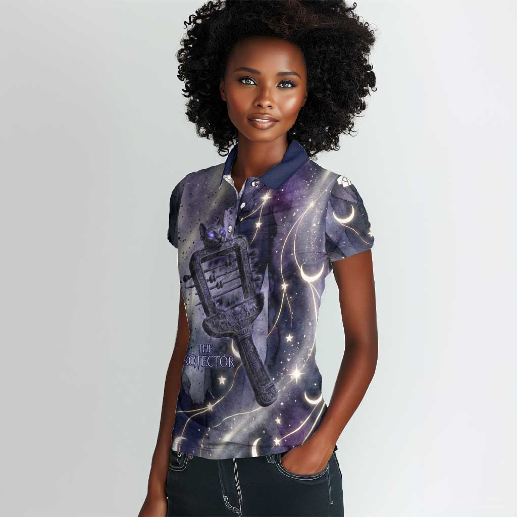 Bastet Egyptian Women Polo Shirt Cat Goddess Cosmic Protector Moon Magic Night Sky