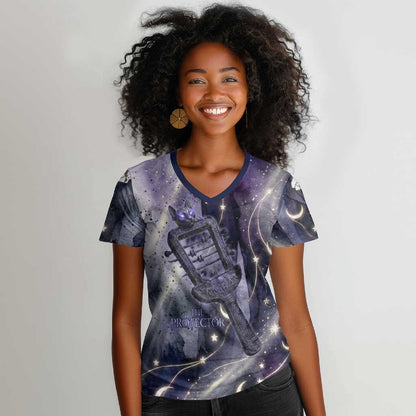 Bastet Egyptian Women V-Neck T-Shirt Cat Goddess Cosmic Protector Moon Magic Night Sky