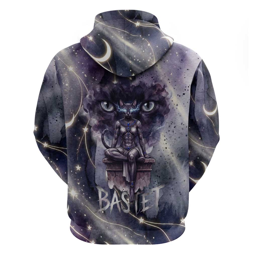 Bastet Egyptian Zip Hoodie Cat Goddess Cosmic Protector Moon Magic Night Sky