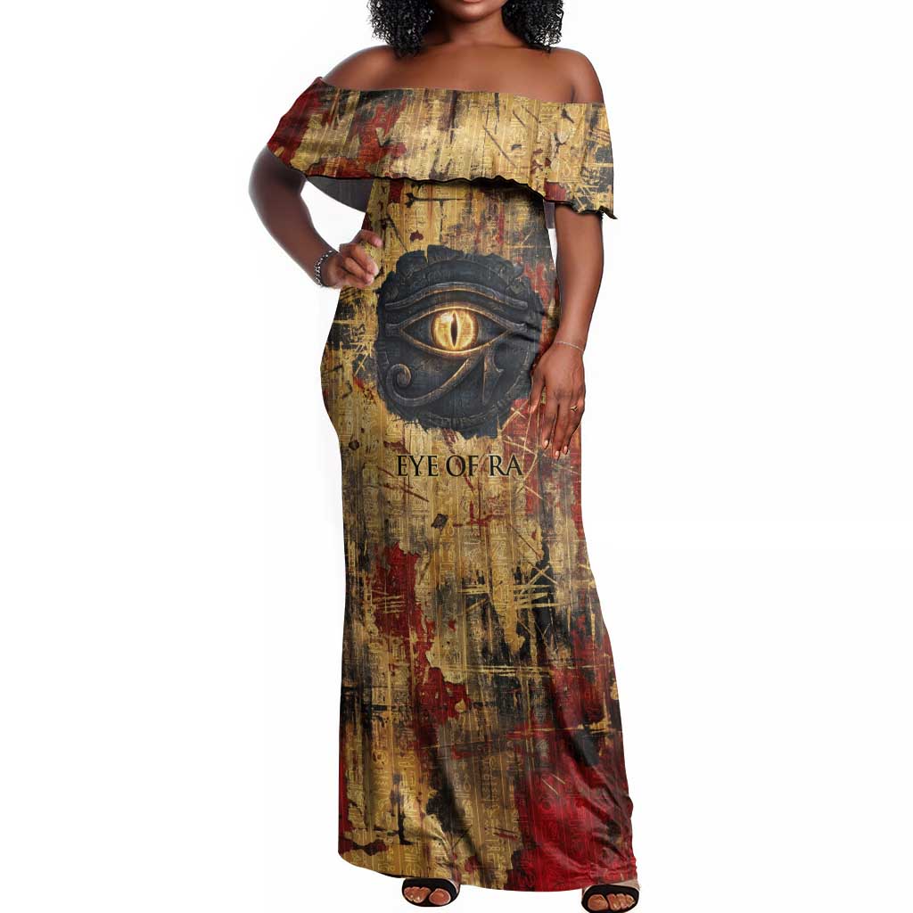 Bastet Egyptian Off Shoulder Maxi Dress Eye of Ra Cat Goddess Lady of Dread Ancient Power