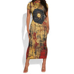 Bastet Egyptian Short Sleeve Bodycon Dress Eye of Ra Cat Goddess Lady of Dread Ancient Power
