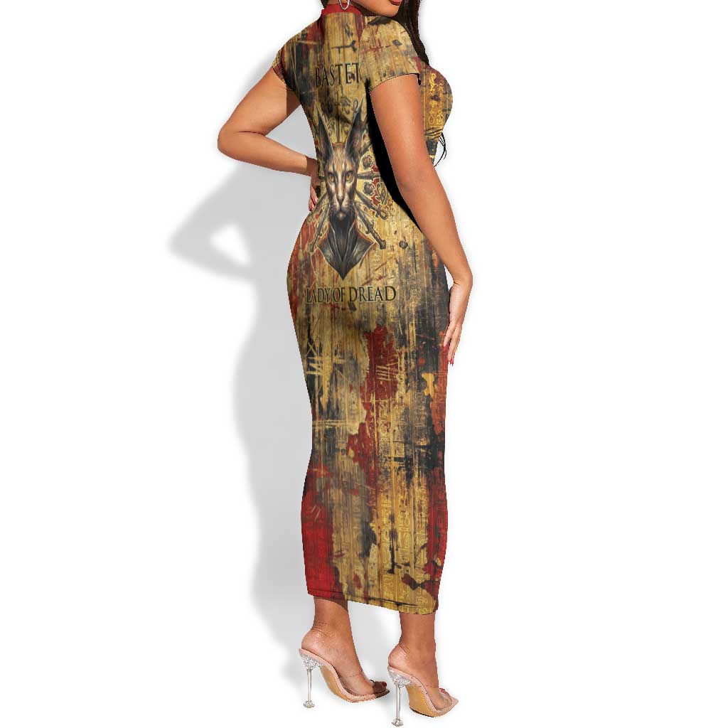 Bastet Egyptian Short Sleeve Bodycon Dress Eye of Ra Cat Goddess Lady of Dread Ancient Power