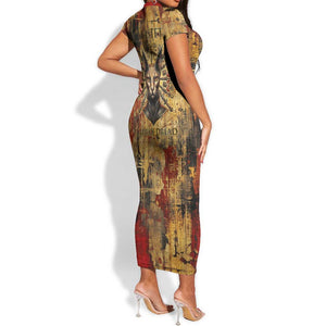 Bastet Egyptian Short Sleeve Bodycon Dress Eye of Ra Cat Goddess Lady of Dread Ancient Power