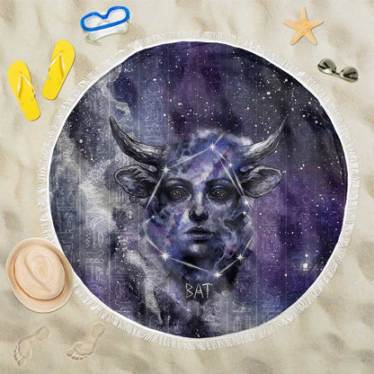 Bat Egyptian Beach Blanket Cow Goddess Celestial Face Horn Ring Gem Cosmic Starry Sky