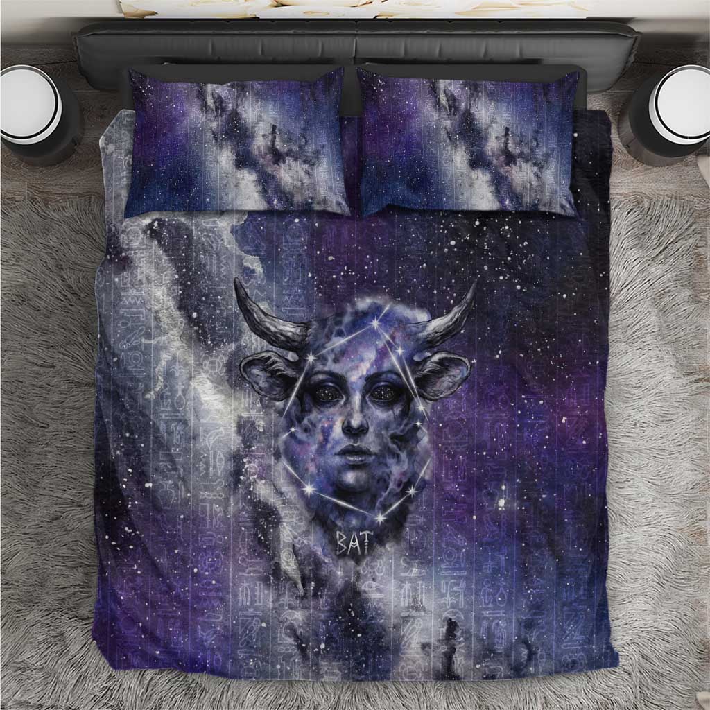 Bat Egyptian Bedding Set Cow Goddess Celestial Face Horn Ring Gem Cosmic Starry Sky