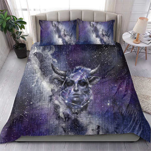 Bat Egyptian Bedding Set Cow Goddess Celestial Face Horn Ring Gem Cosmic Starry Sky