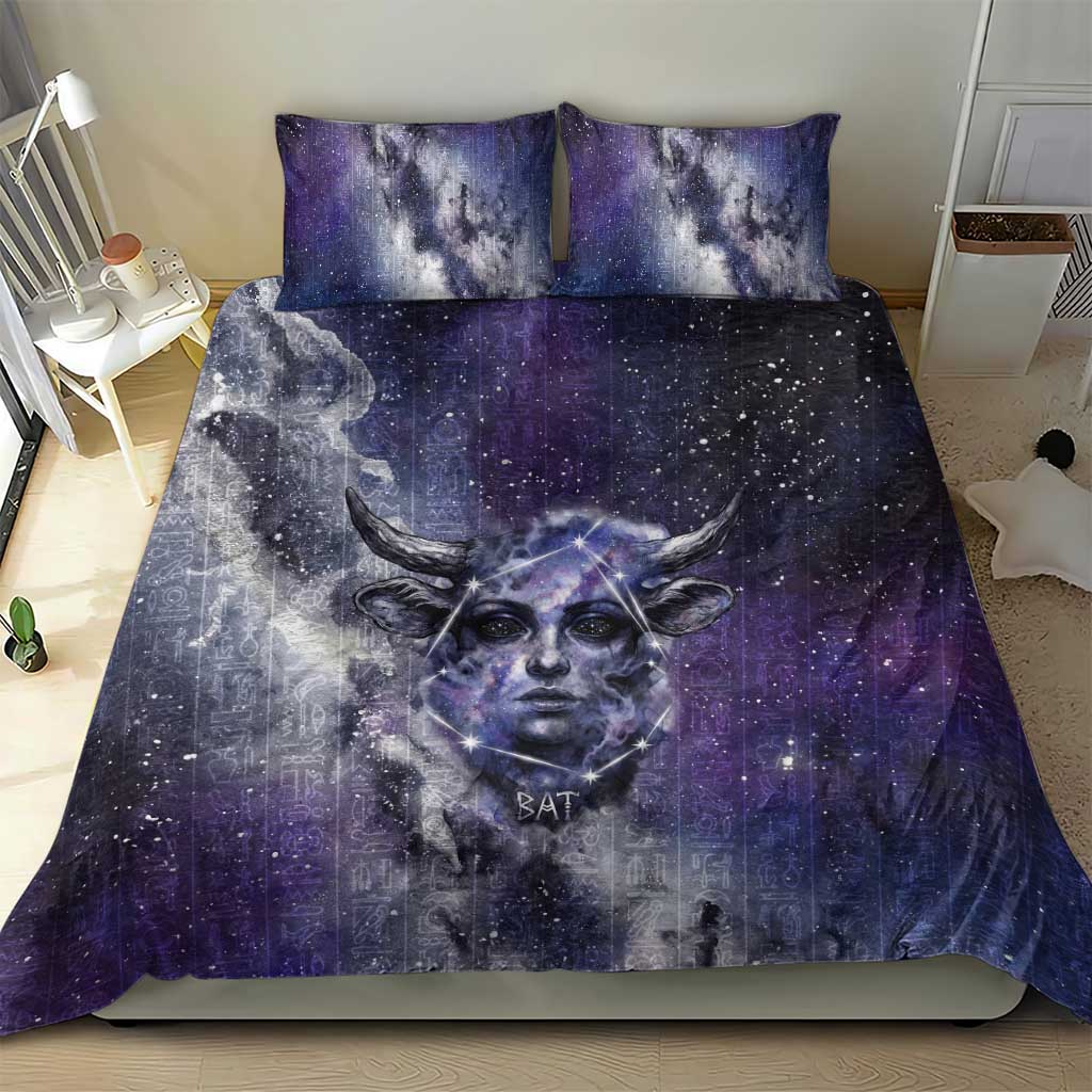 Bat Egyptian Bedding Set Cow Goddess Celestial Face Horn Ring Gem Cosmic Starry Sky