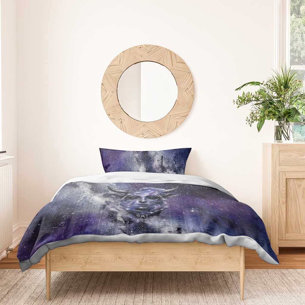Bat Egyptian Bedding Set Cow Goddess Celestial Face Horn Ring Gem Cosmic Starry Sky
