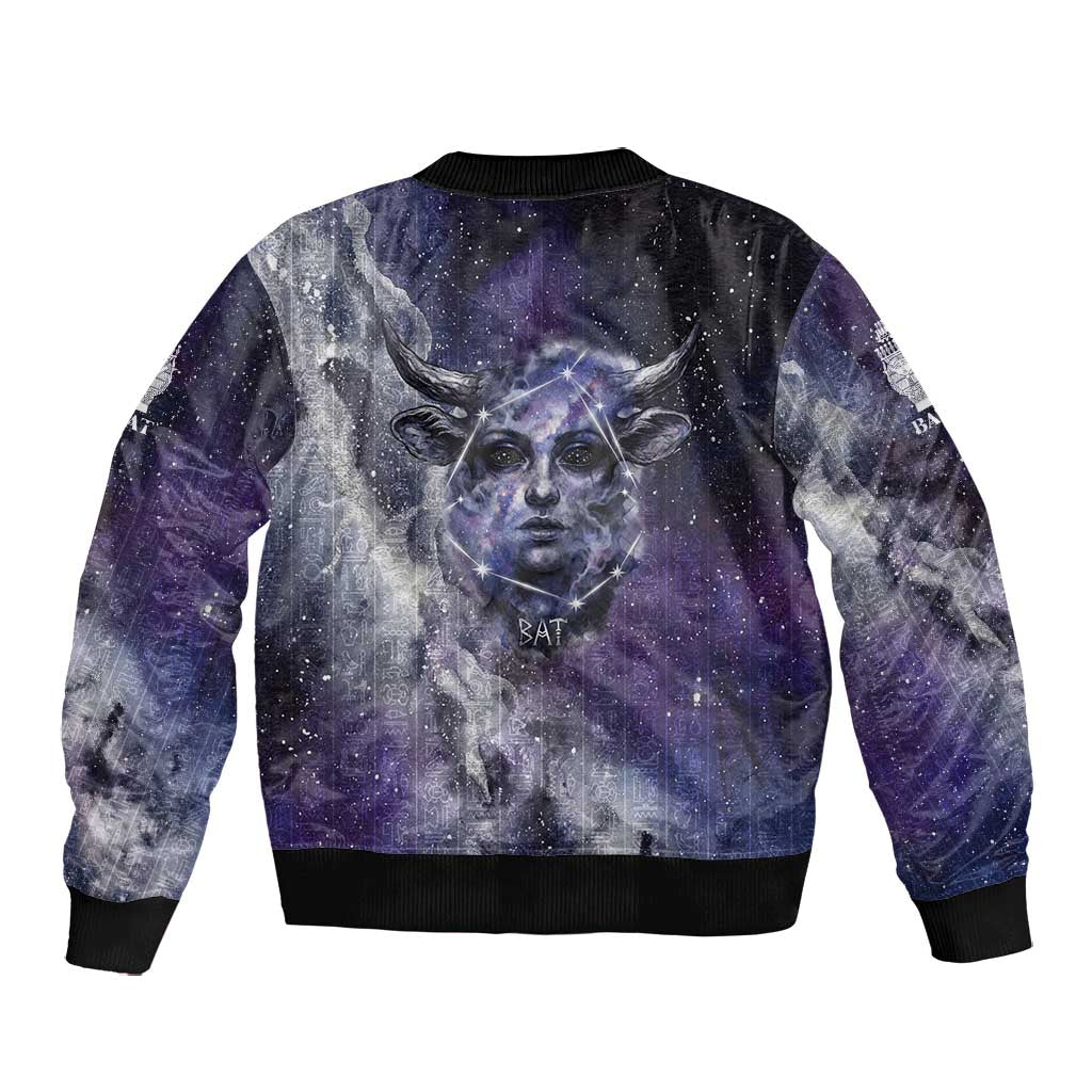 Bat Egyptian Bomber Jacket Cow Goddess Celestial Face Horn Ring Gem Cosmic Starry Sky