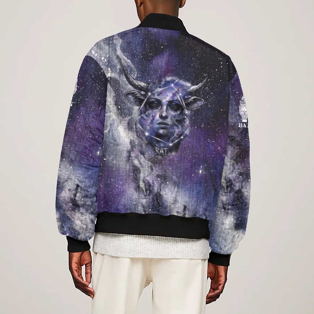 Bat Egyptian Bomber Jacket Cow Goddess Celestial Face Horn Ring Gem Cosmic Starry Sky