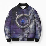 Bat Egyptian Bomber Puffer Jacket Cow Goddess Celestial Face Horn Ring Gem Cosmic Starry Sky