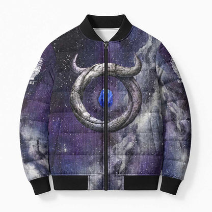 Bat Egyptian Bomber Puffer Jacket Cow Goddess Celestial Face Horn Ring Gem Cosmic Starry Sky