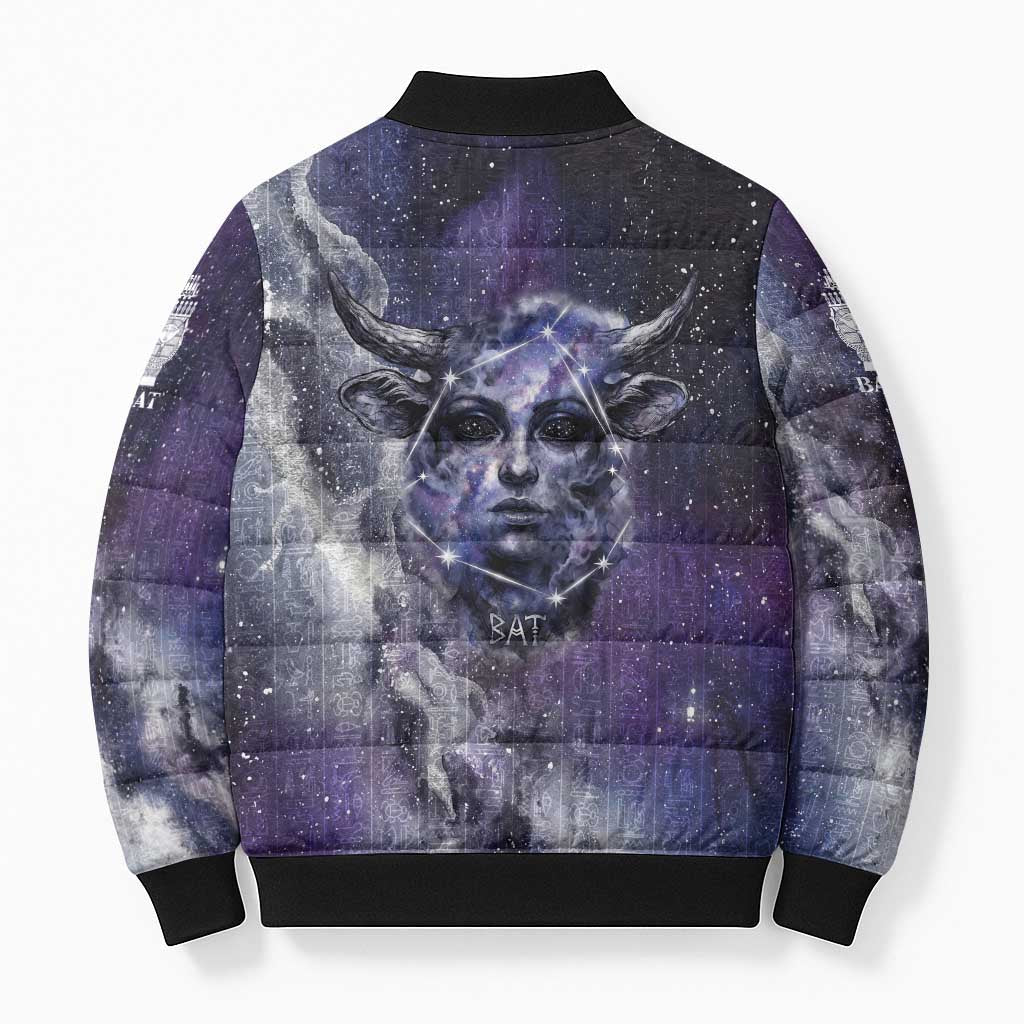 Bat Egyptian Bomber Puffer Jacket Cow Goddess Celestial Face Horn Ring Gem Cosmic Starry Sky
