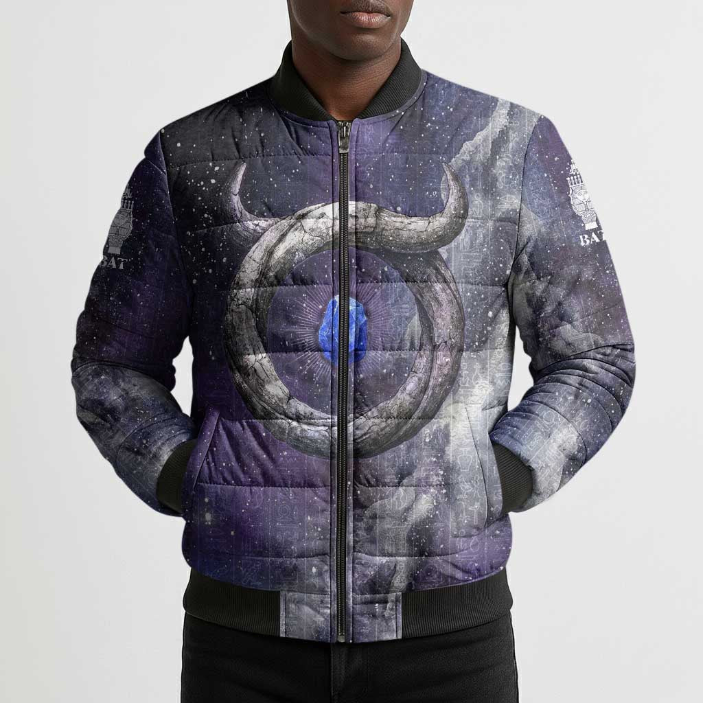 Bat Egyptian Bomber Puffer Jacket Cow Goddess Celestial Face Horn Ring Gem Cosmic Starry Sky
