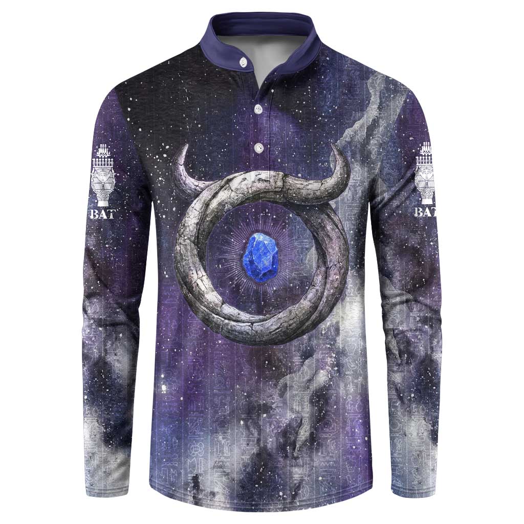 Bat Egyptian Button Sweatshirt Cow Goddess Celestial Face Horn Ring Gem Cosmic Starry Sky