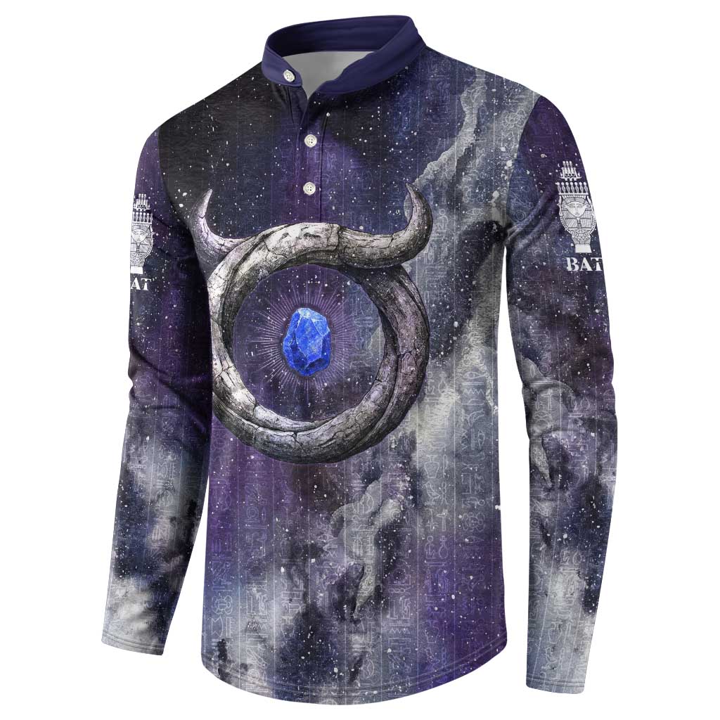 Bat Egyptian Button Sweatshirt Cow Goddess Celestial Face Horn Ring Gem Cosmic Starry Sky