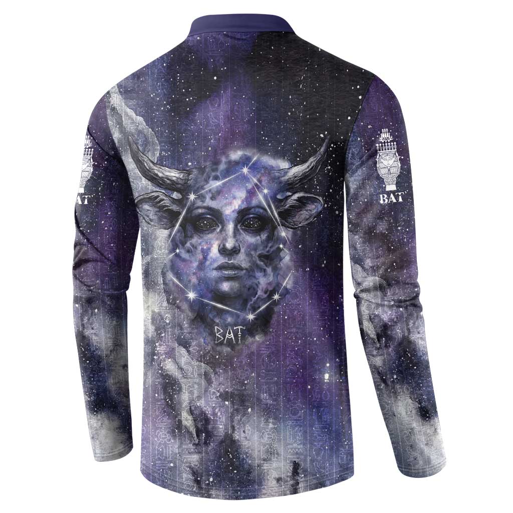 Bat Egyptian Button Sweatshirt Cow Goddess Celestial Face Horn Ring Gem Cosmic Starry Sky