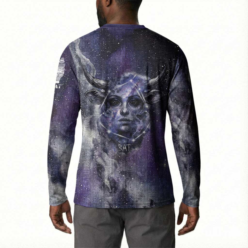 Bat Egyptian Button Sweatshirt Cow Goddess Celestial Face Horn Ring Gem Cosmic Starry Sky